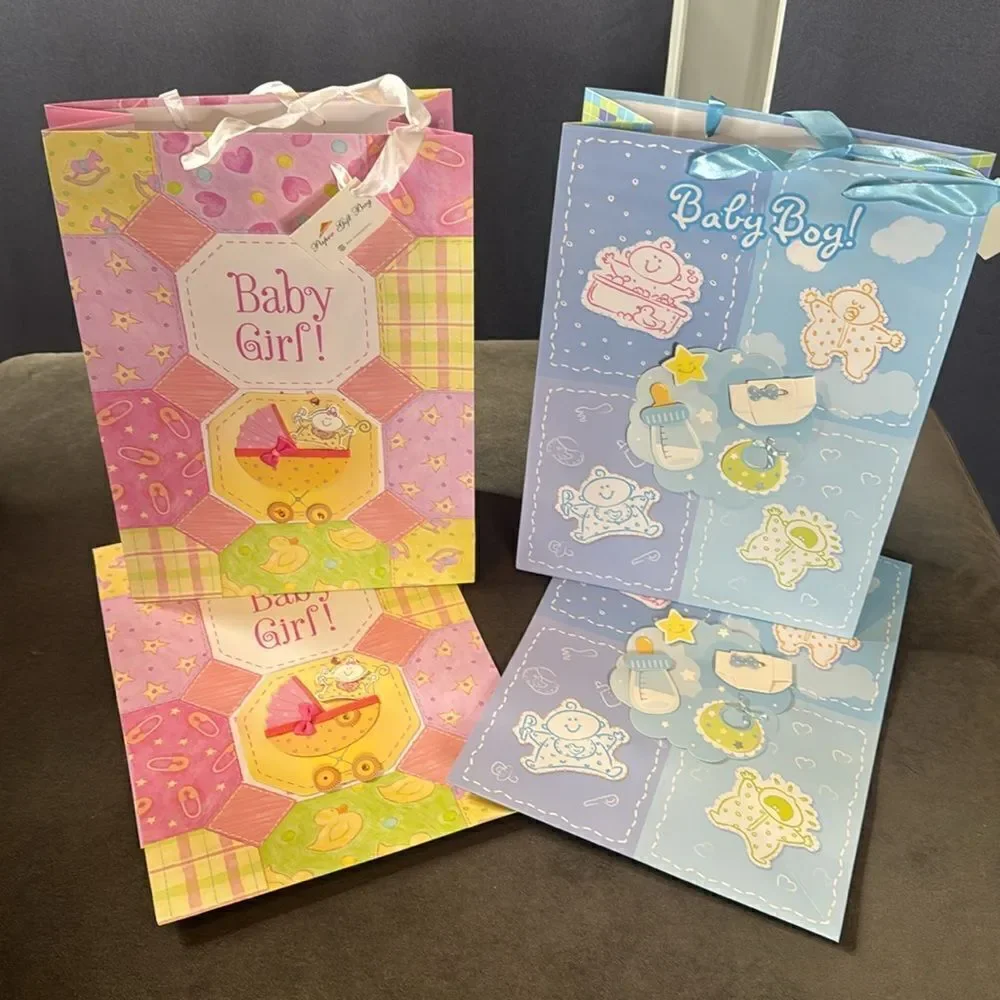 Baby Shower Large Gift Bags 12 Pack Ribbon Handles 6 Designs Pink & Blue NEW